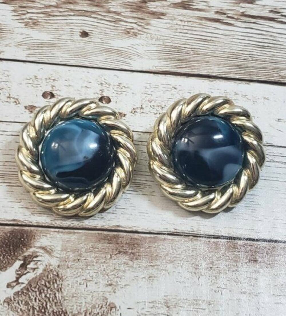 Vintage Clip On Earrings - Blue Center with Gold Tone Halo Large Statement